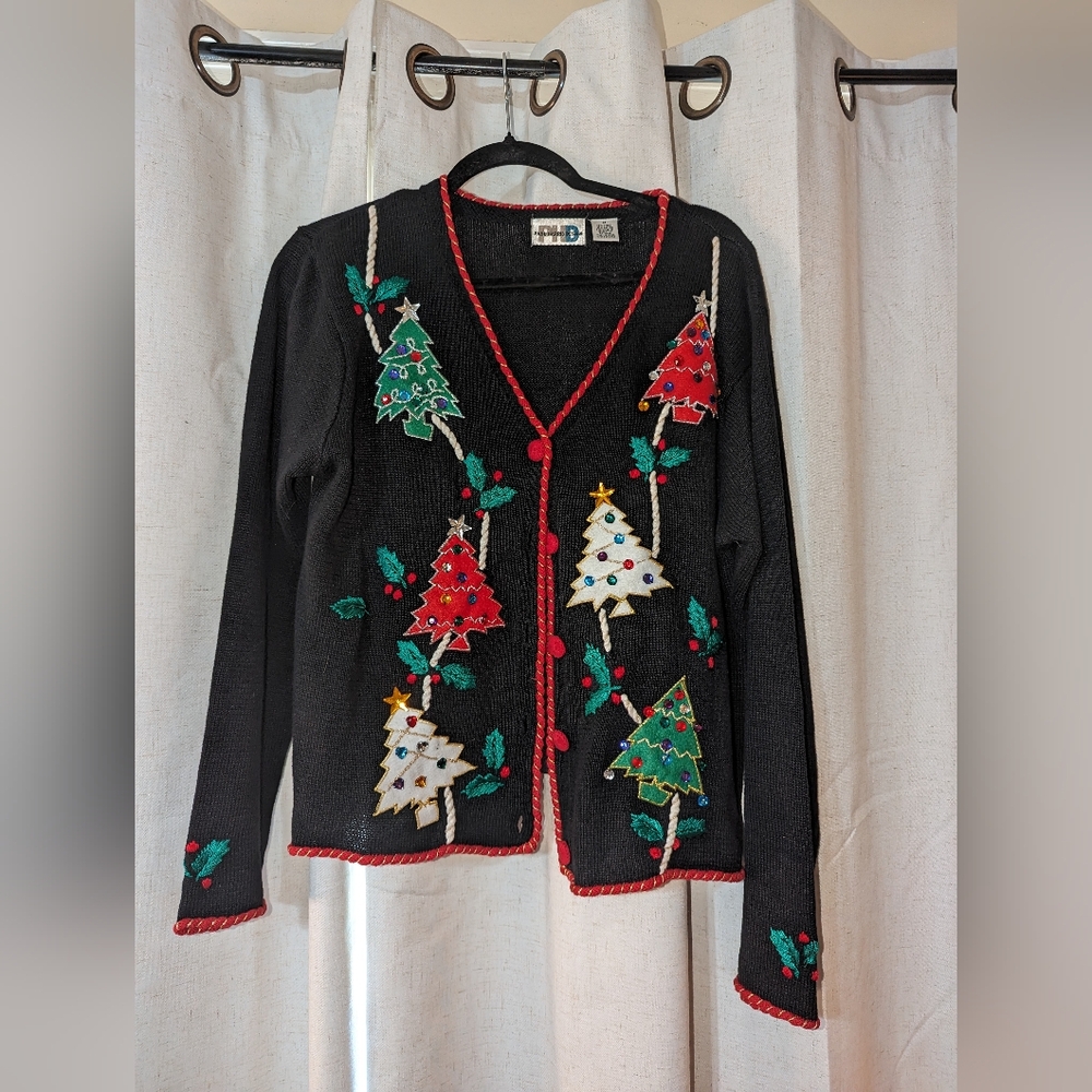 Embroidered Knit Cardigan Holiday Season Sweater Christmas Trees Holly